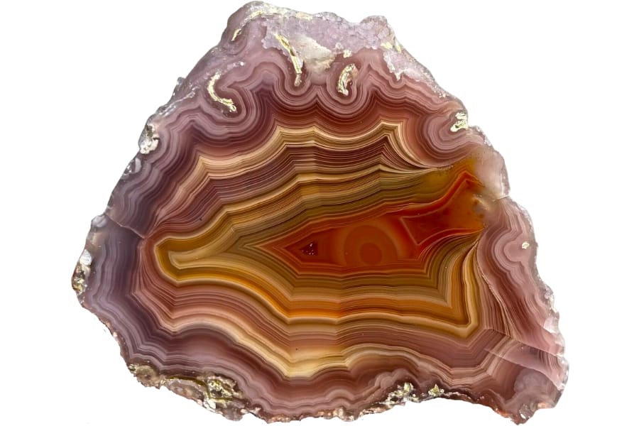A beautiful Laguna agate with bands of pink, brown, cream, white, yellow, orange, and red