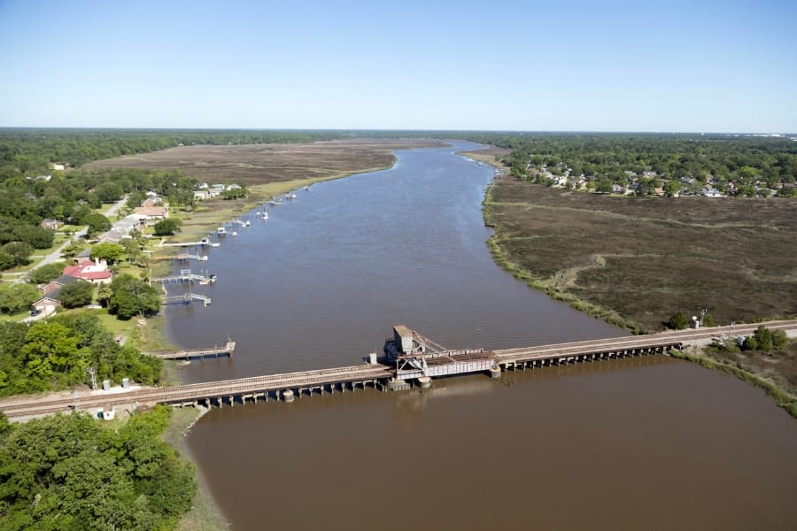 Aerial view of the stretch of Ashley River including its bridge