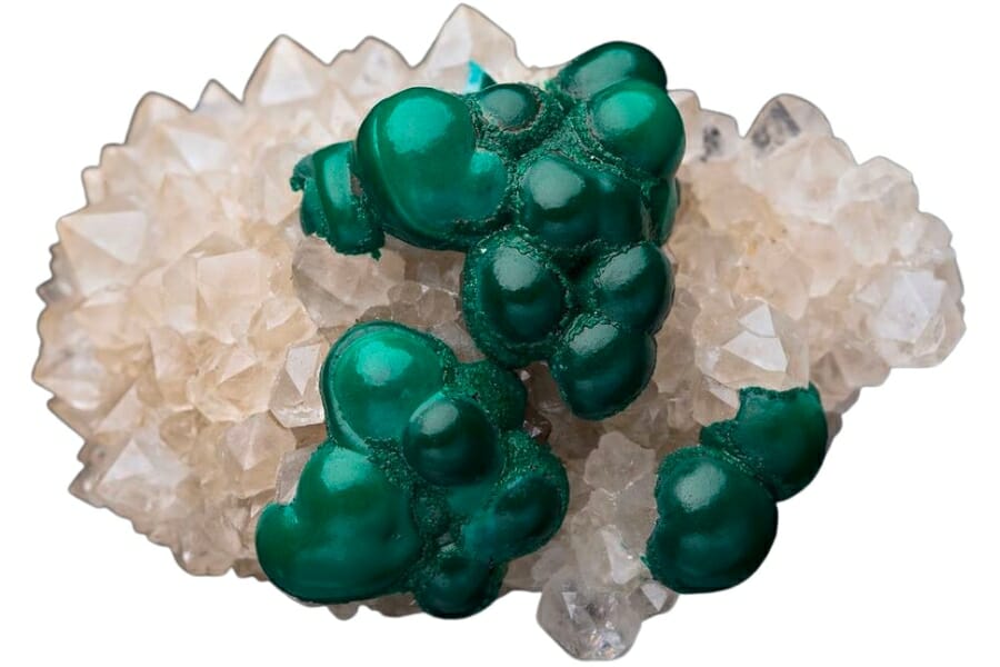 Bright green botryoidal malachite on white quartz