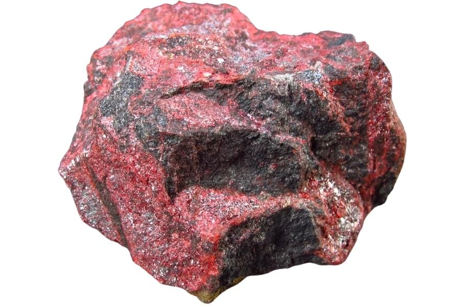 A raw and rough cinnabar specimen exhibiting a brownish-red hue