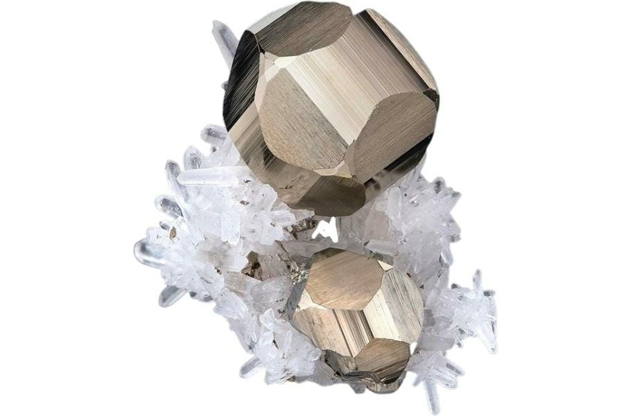 Pyritohedral pyrite with white quartz crystals