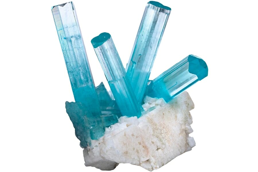 Aquamarine crystals on white feldspar