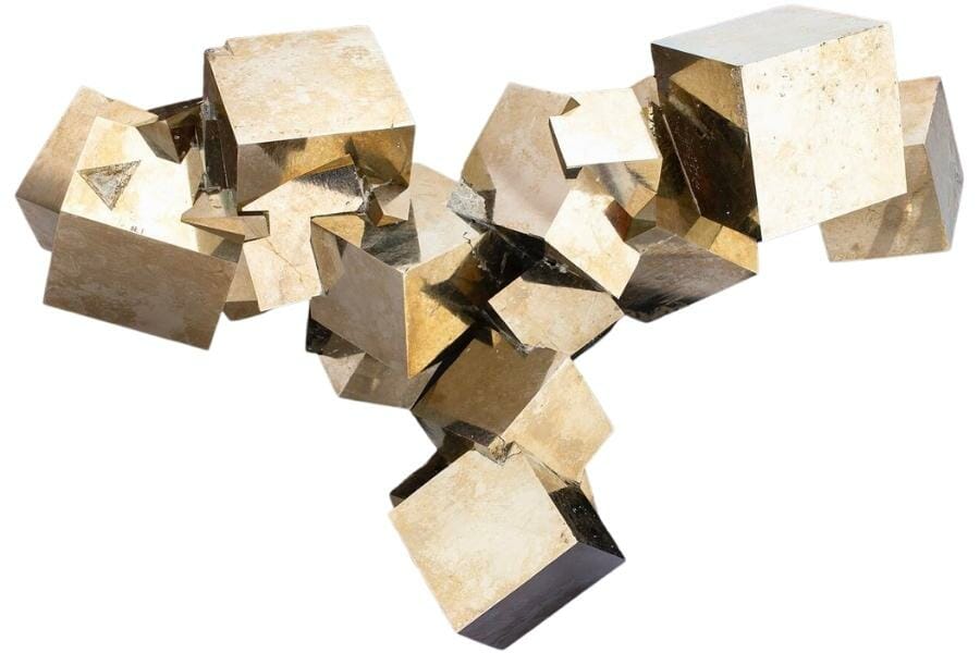 A natural cubist sculpture of pyrite crystals from Navajun, Spain