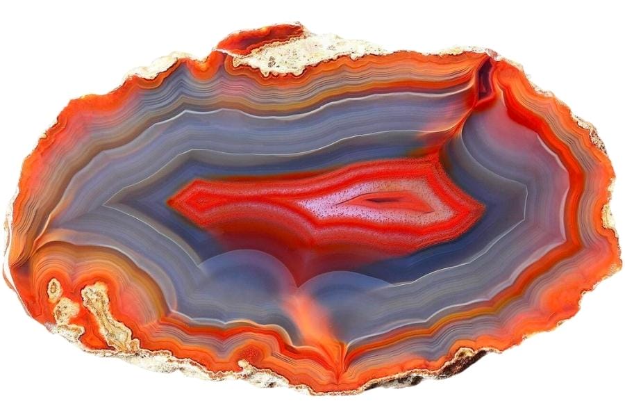 A beautiful condor agate with bands of red, orange, purple, blue, and white