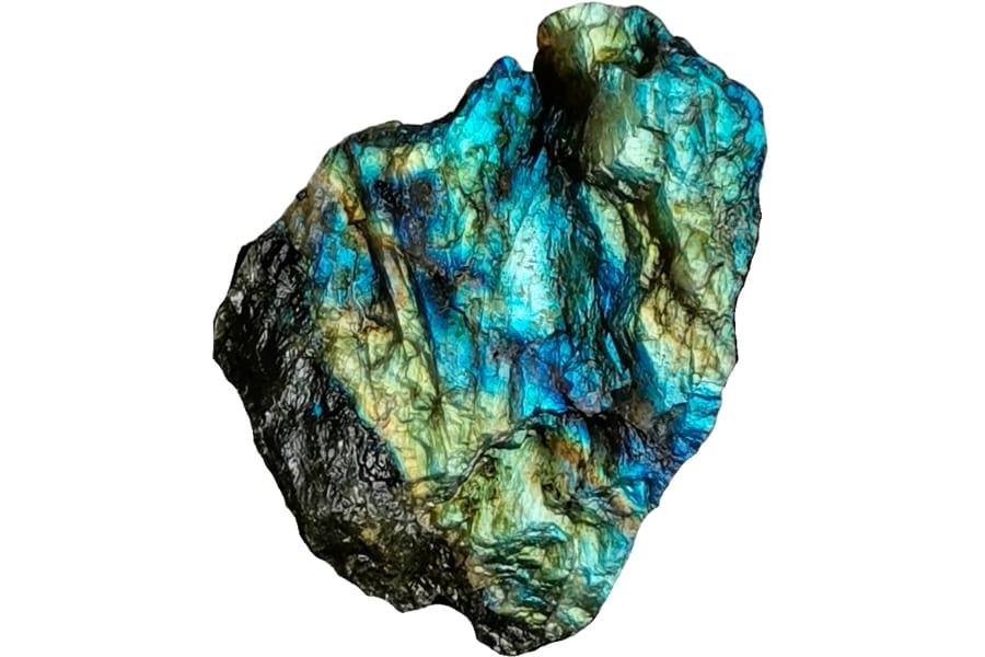 A raw labradorite displaying strong labradorescence in blue, green, and yellow hue