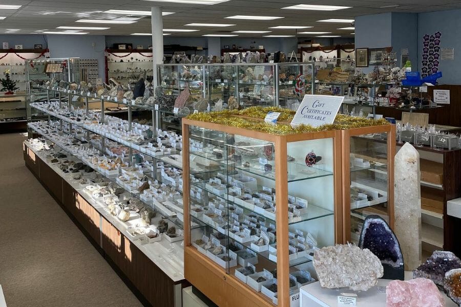 display cases and shelves in a rock shop