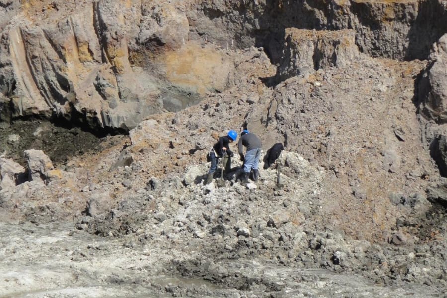 Two people wearing safety helmets digging through the rocks at Harleyville Formation
