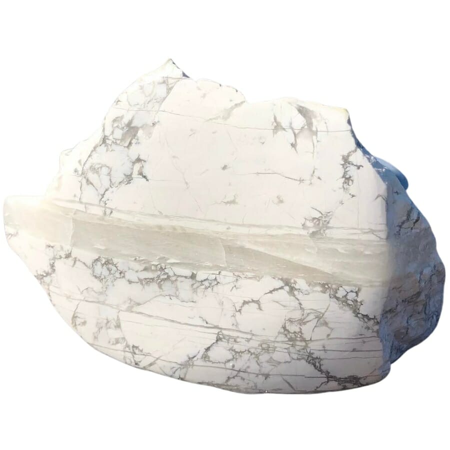 A piece of howlite with one side and polished, depicting clear veining