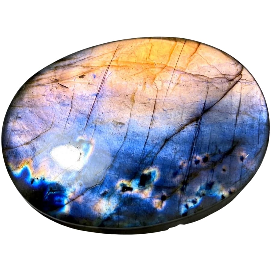 A colorful and vibrant labradorite cabochon