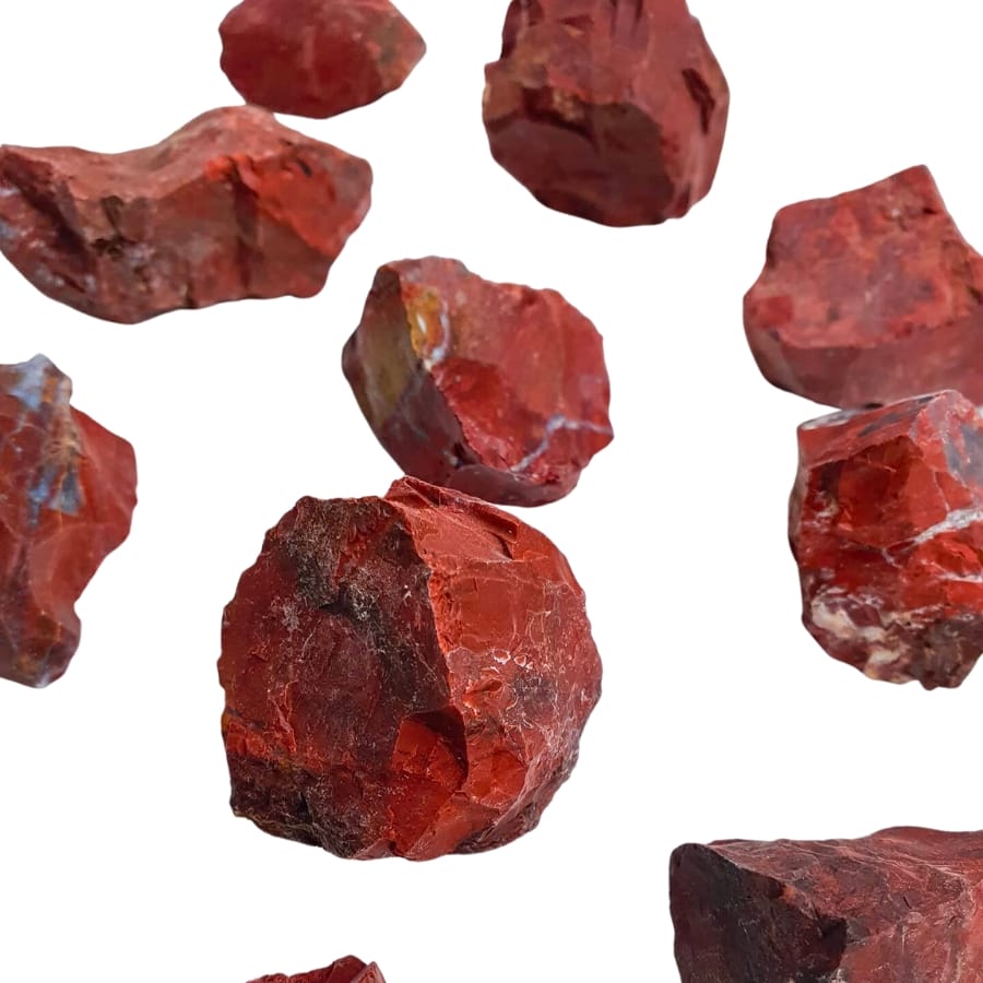 Raw red jaspers pieces showing varying intensities of deep red shade