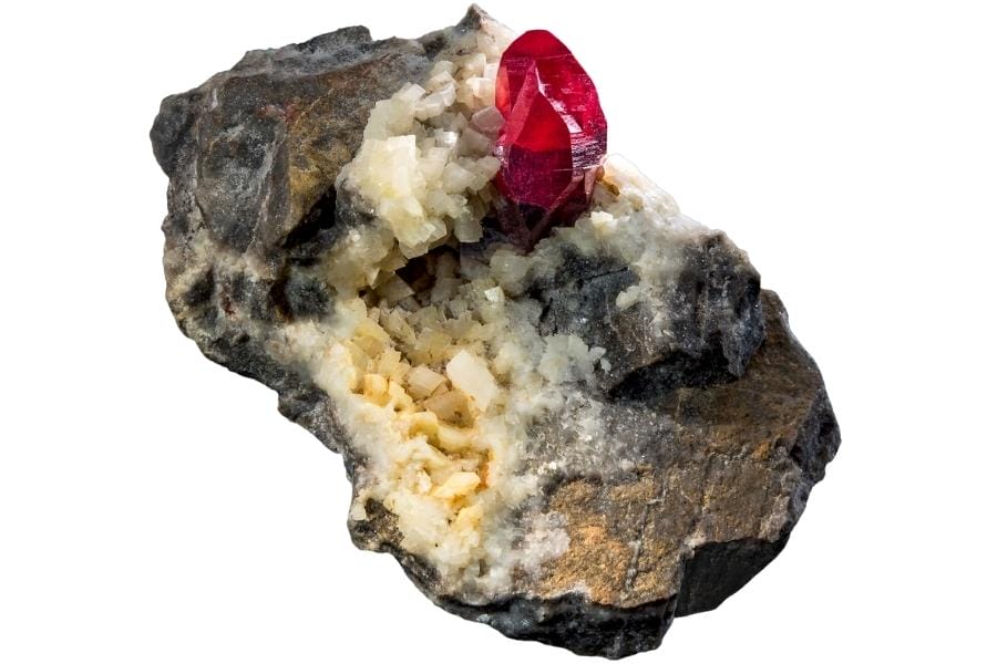 An extremely sharp and gemmy cinnabar set on a dolomite and rock matrix