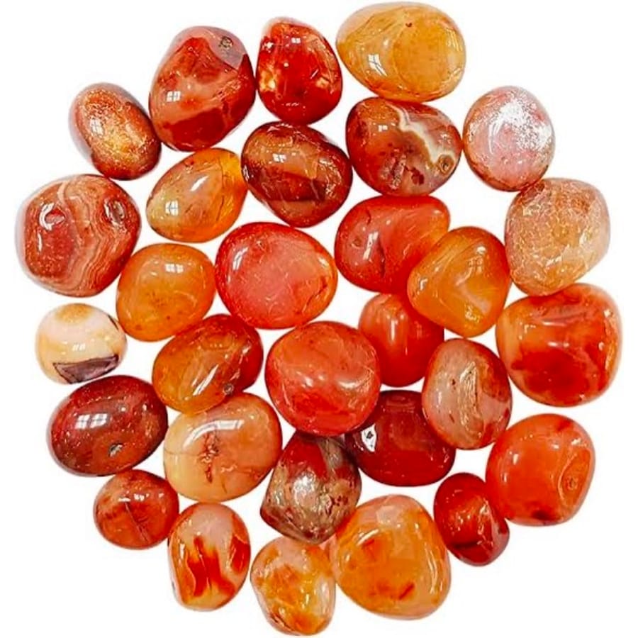 Cut and polished pieces of carnelian in varying intensities of red and orange