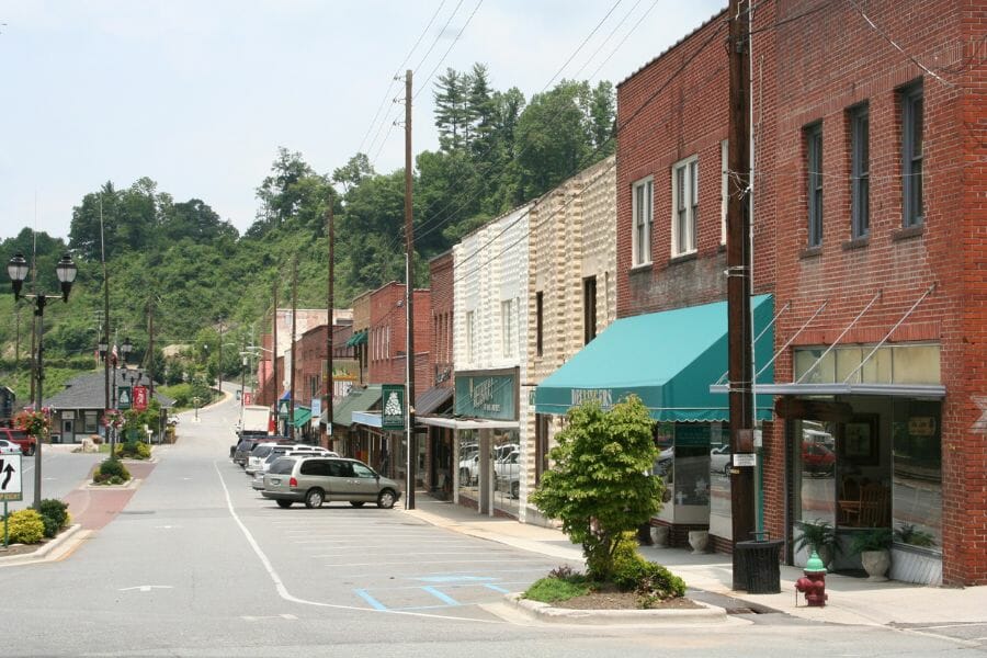 street with two-story buildings in Spruce Pine, North Carolina