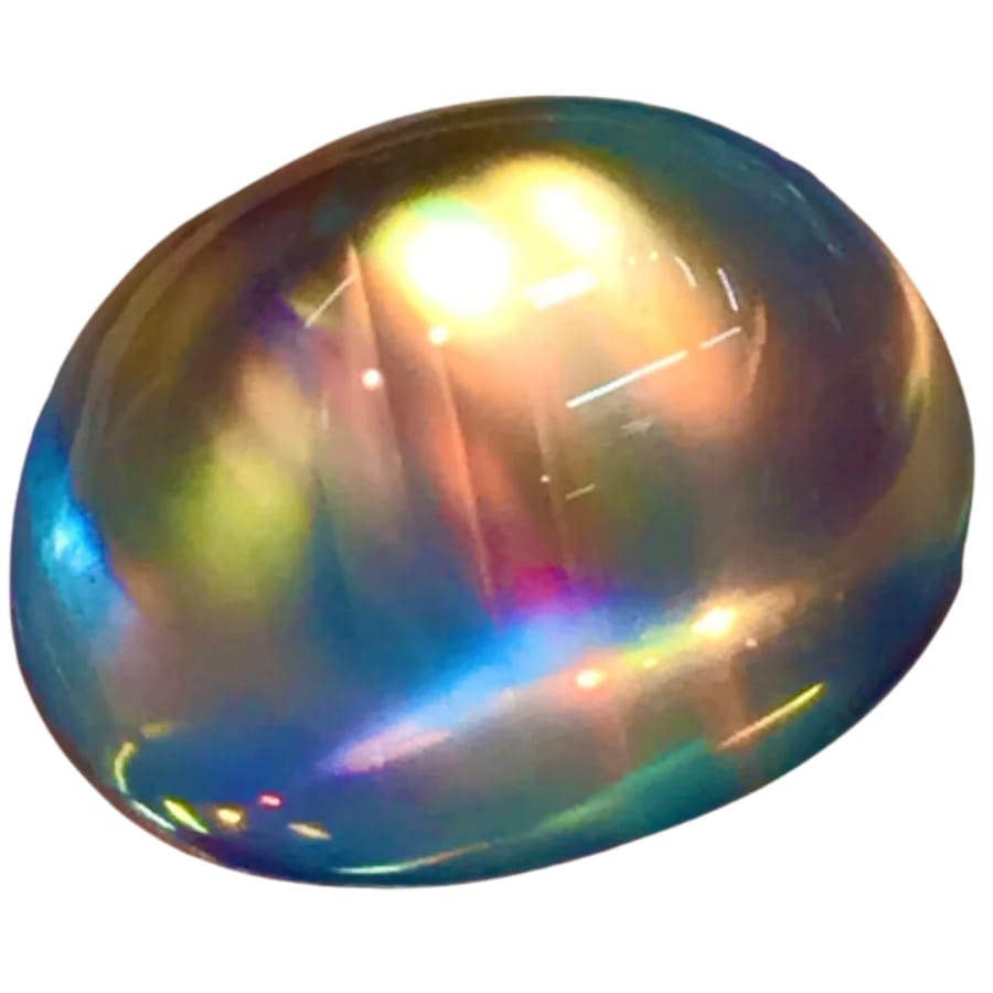 A rainbow colored moonstone gemstone with a smooth surface