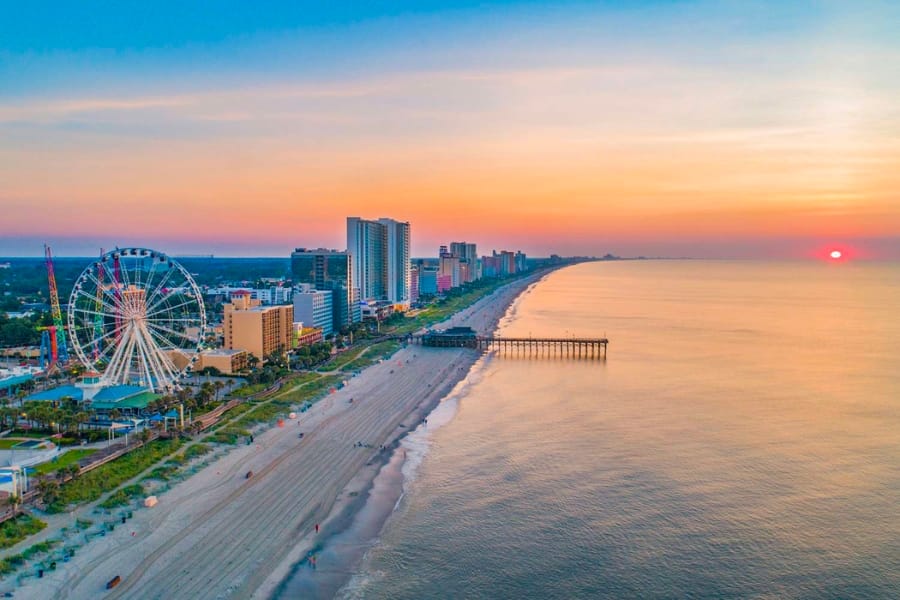 Aerial view of Myrtle Beach during sunset