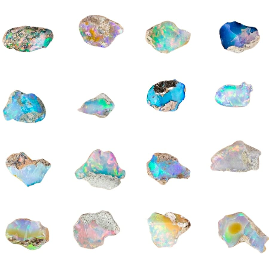 Differently-shaped opals on white background