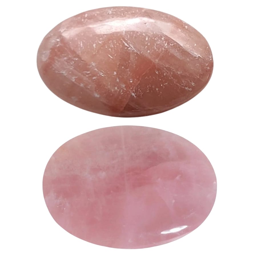 Tumbled and polished oval-shaped pink calcite and rose quartz gemstones