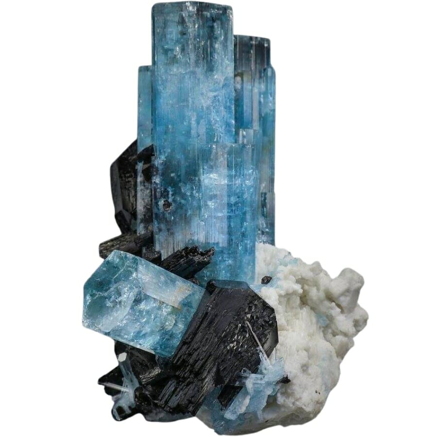 Lustrous sky-blue aquamarine with jet-black schorl and white microcline