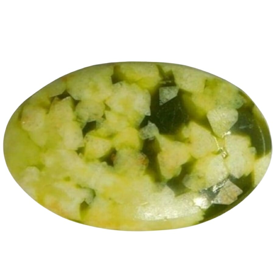 A nice oval polished serpentine gemstone with white minerals inside
