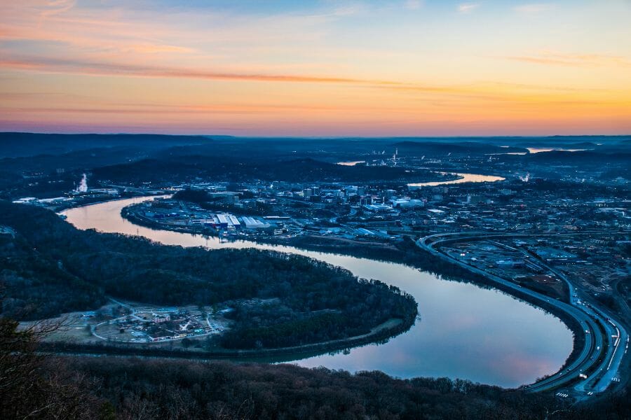aerial view of Tennessee River during sunset