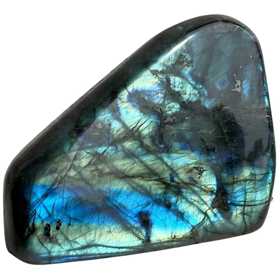 A smooth and brilliant tumbled labradorite stone