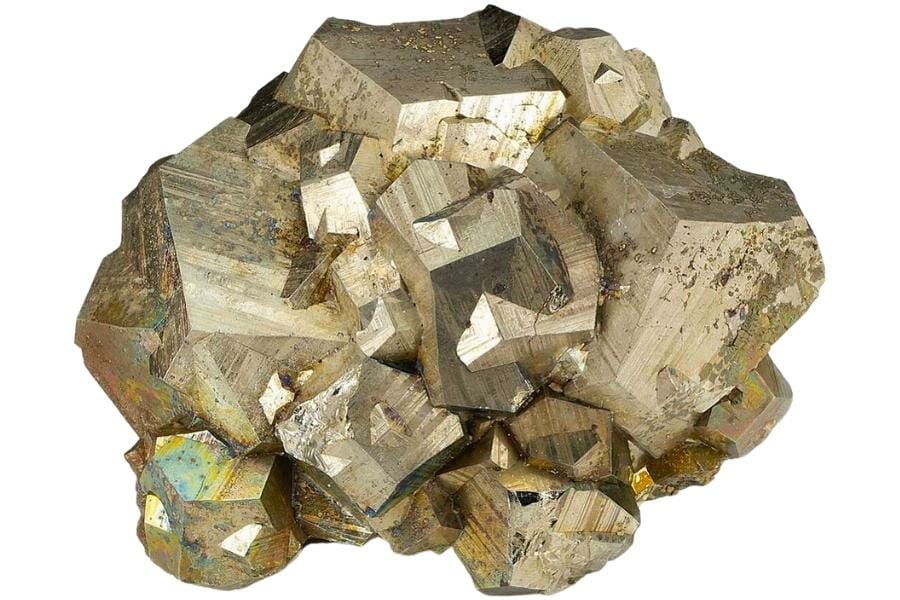 A cluster of pyrite crystals, with the center showing numerous twinned crystals