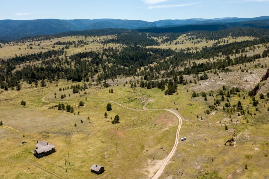 aerial view of green fields in Yogo Gulch, Montana