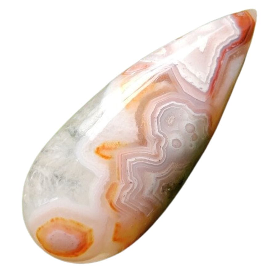 elongated pear shaped agate cabochon with orange and white bands
