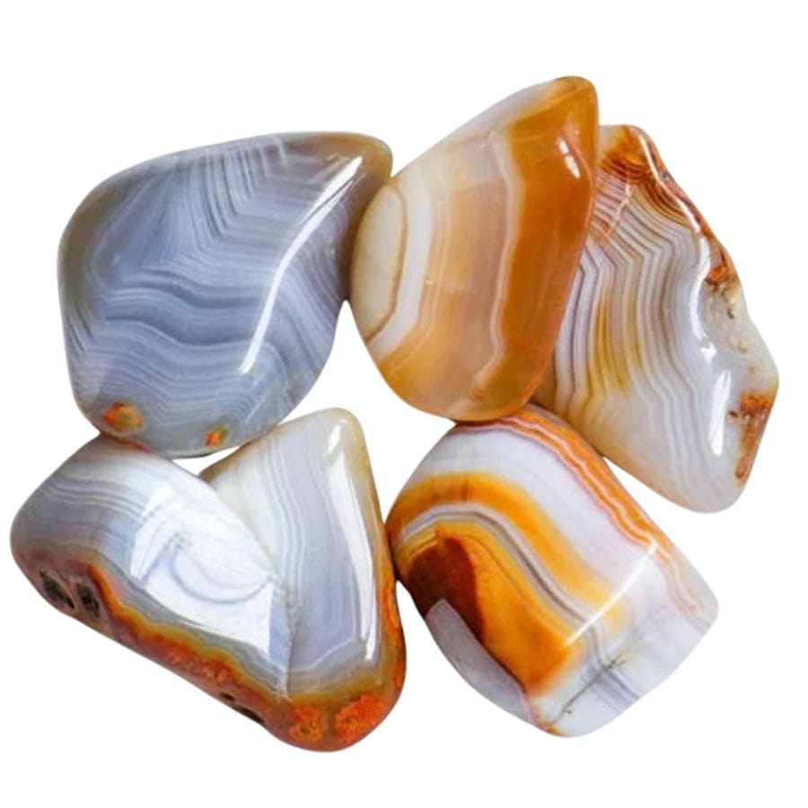 4 tumbled pieces of agate with white, gray, and orange bands