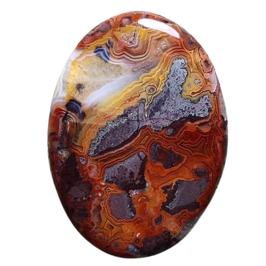 oval agate cabochon with red, orange, and gray bands