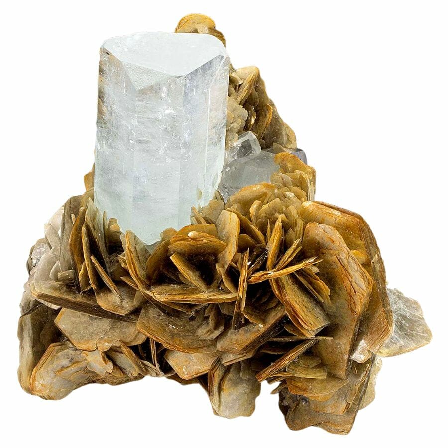pale blue aquamarine crystal with muscovite crystals