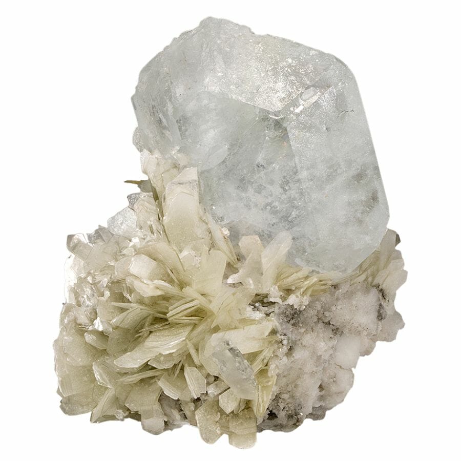 large pale blue aquamarine crystals with muscovite and albite