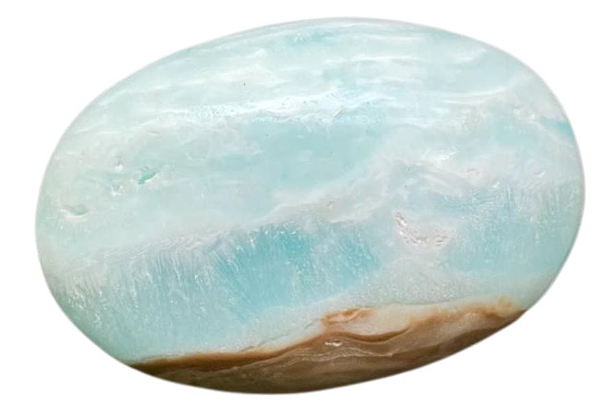 oval polished Caribbean calcite with blue, white, and brown bands