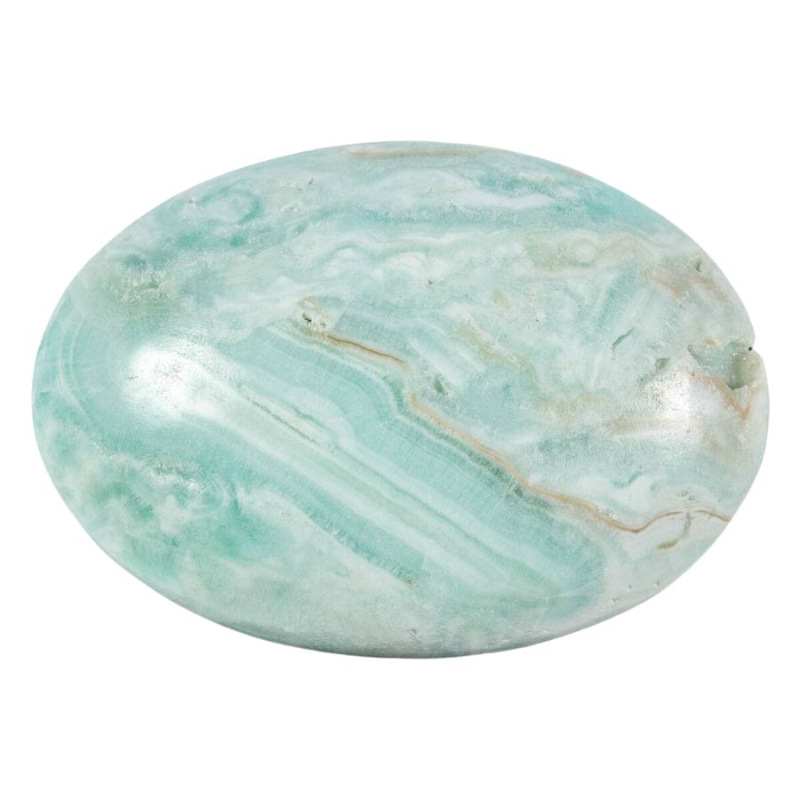 pale blue, white, and brown swirls in a Caribbran calcite palm stone