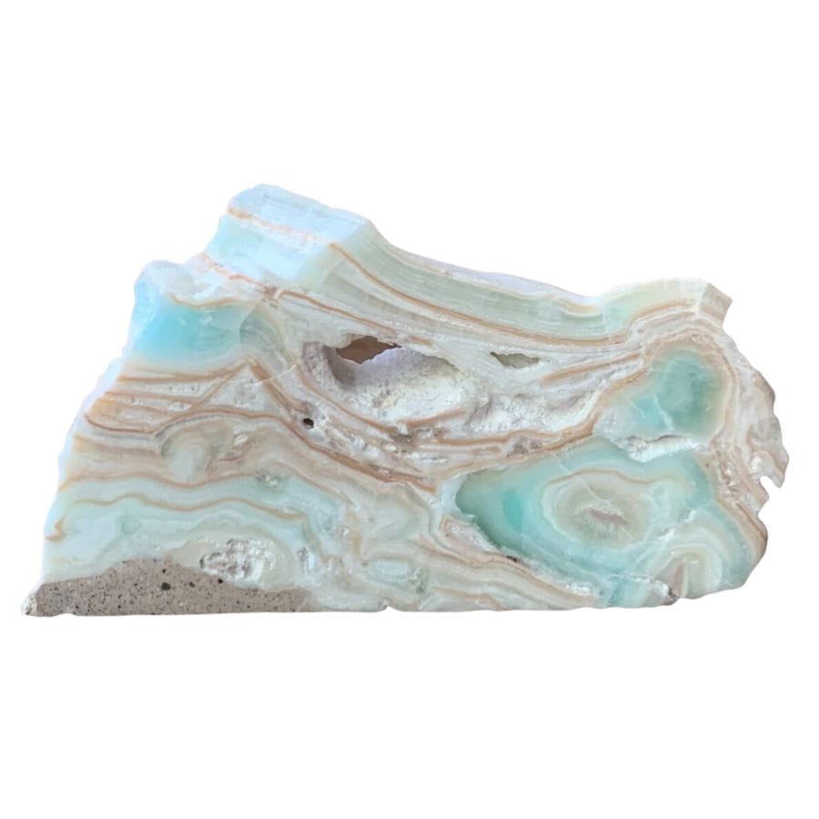 Caribbean calcite dlab with blue, white, and brown swirls