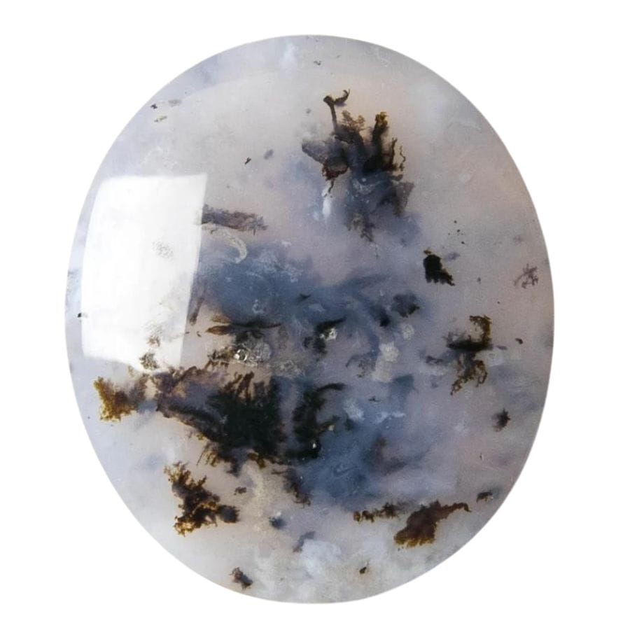 oval dendritic agate cabochon with a translucent white base and black dendrites