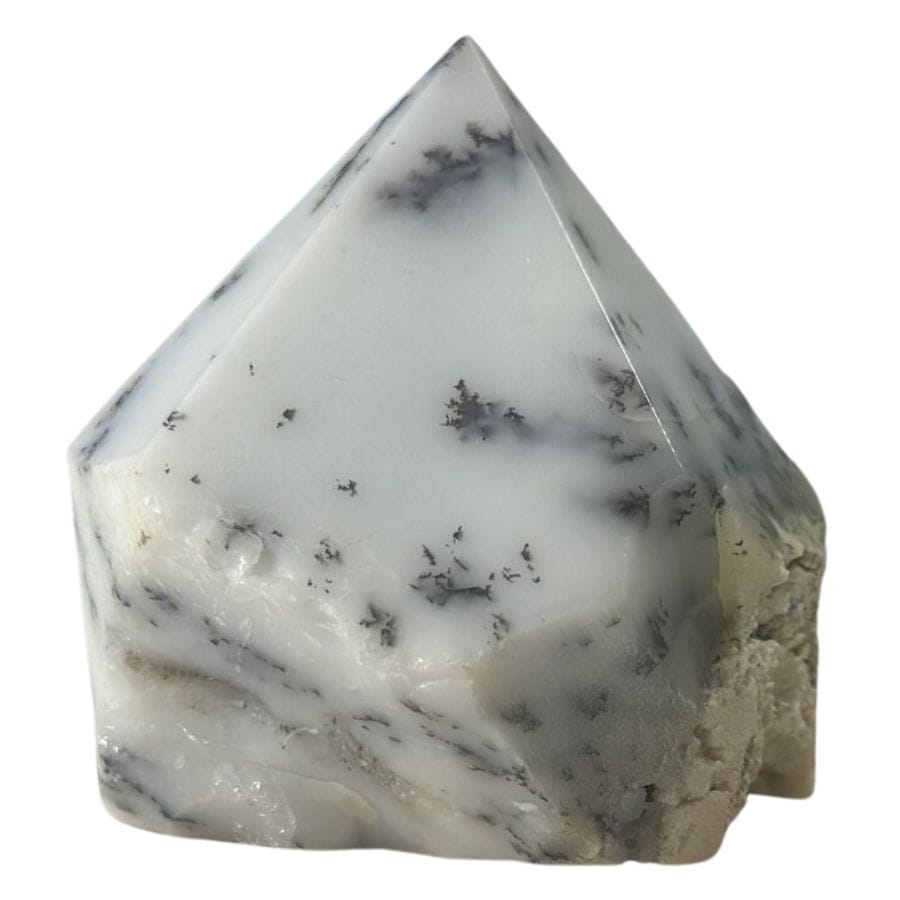 rough dendritic opal with a sharpened point, an opaque white base, and black dendrites