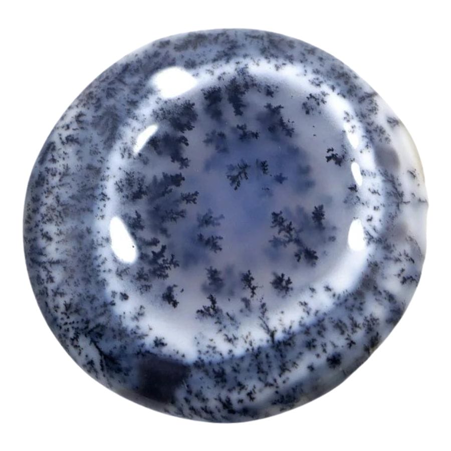 round translucent dendritic opal with a gray base and black dendrites