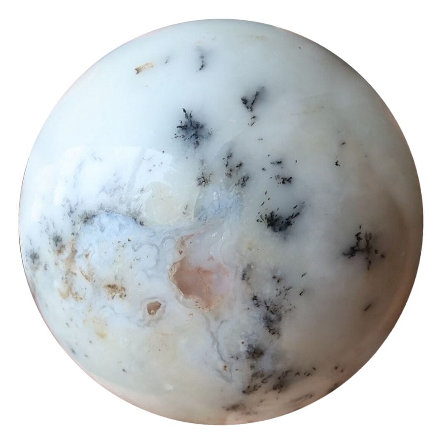 opaque dendritic opal sphere with white sphere and dark colored dendrites