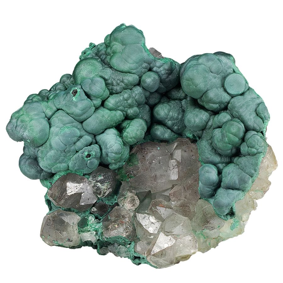 botryoidal deep green malachite with quartz crystals