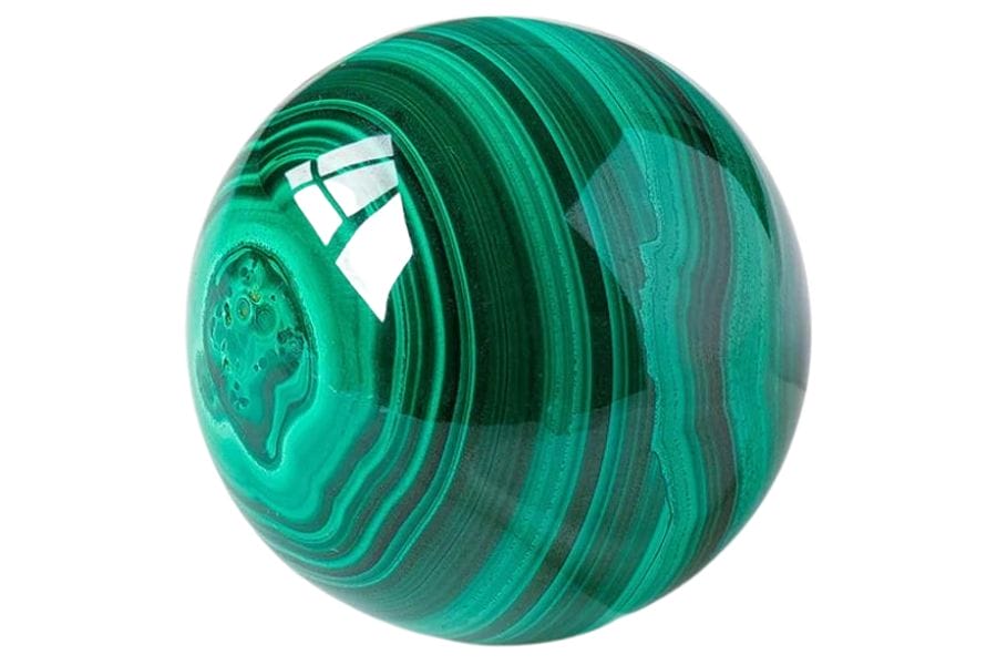 polished malachite sphere with green and dark green bands
