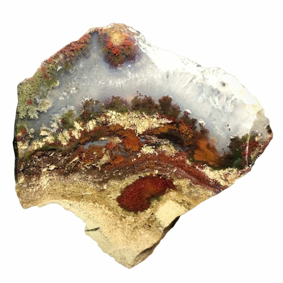 rough moss agate slice with red and green inclusions