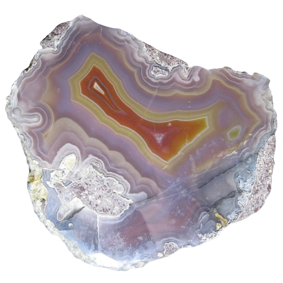 A mesmerizing purple agate specimen with yellow and orange hues