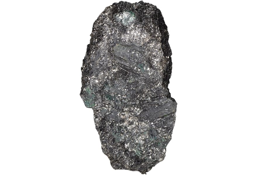 Dark green crystals of alexandrite embedded in a black, sparkling schist