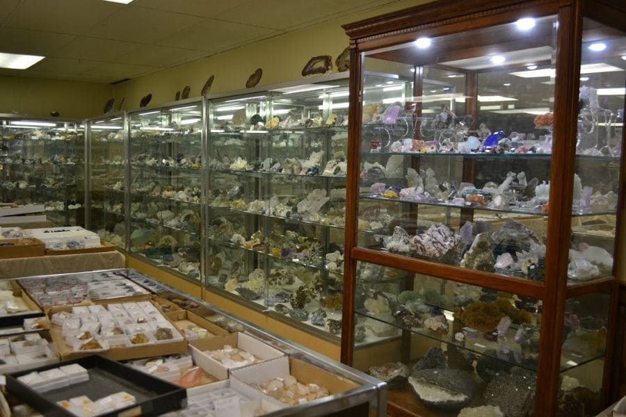 shelves and display cases showing rocks and minerals
