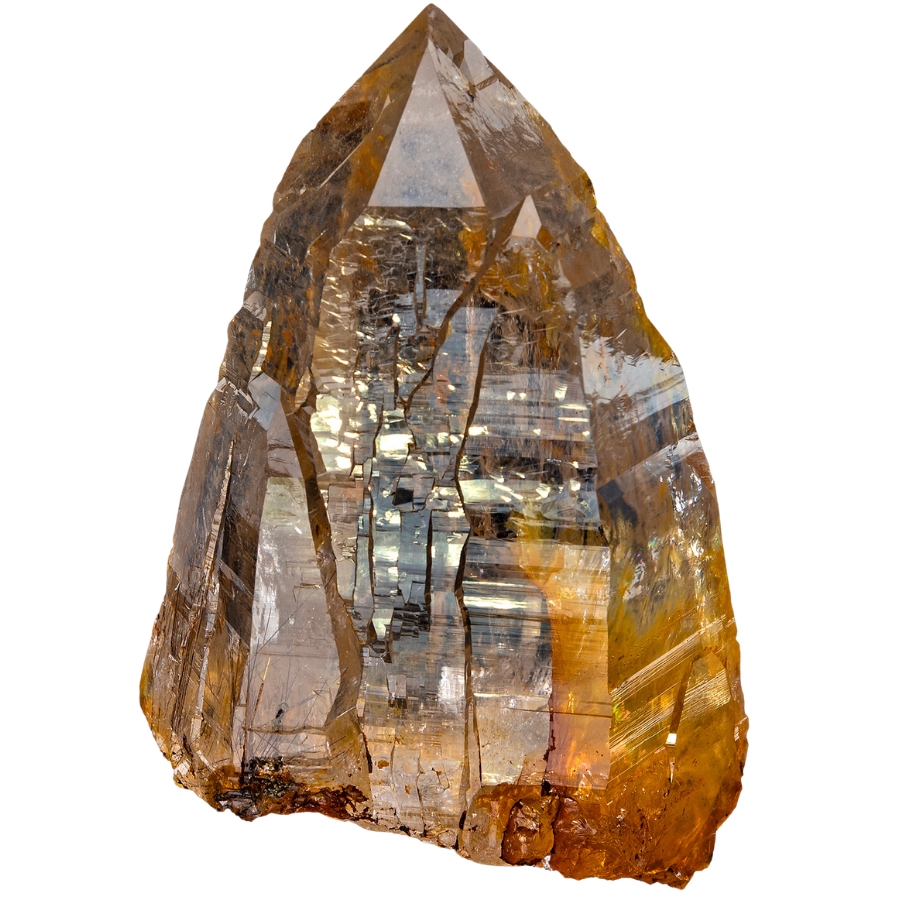 A single quartz crystal showing sparkling luster, excellent clarity and a distinctive and unusual tapered shape