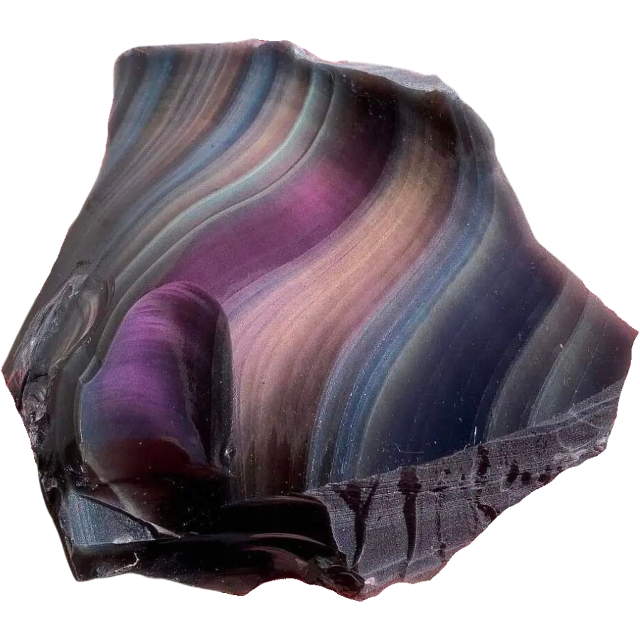 A raw piece of rainbow obsidian showing a rainbow of colors