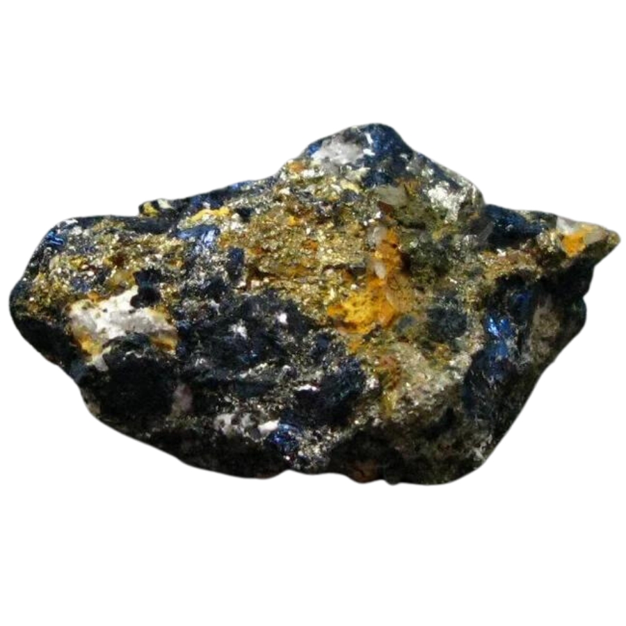 A unique covellite specimen with gold-colored minerals on its surface