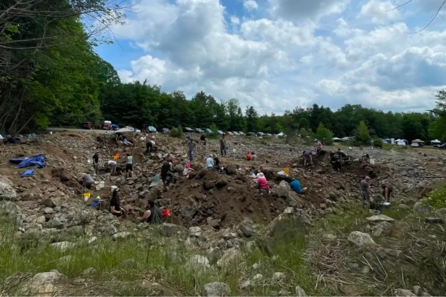 A group of people spread out digging at the dig site of the Crystal Grove