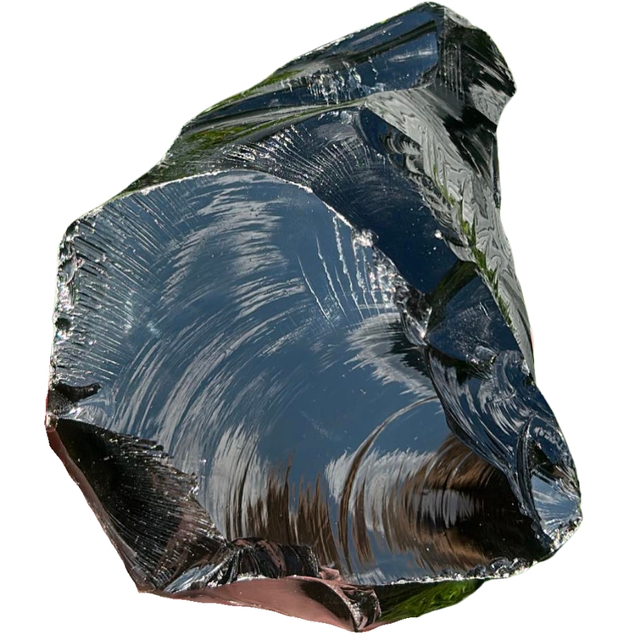 A lustrous obsidian showing the reflection of its surroundings